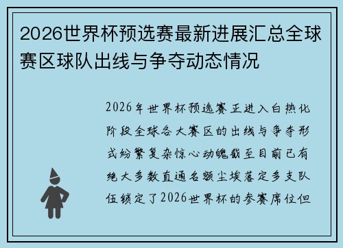 2026世界杯预选赛最新进展汇总全球赛区球队出线与争夺动态情况