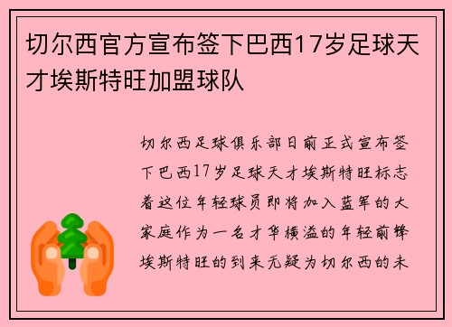 切尔西官方宣布签下巴西17岁足球天才埃斯特旺加盟球队 切尔西官方宣布签下巴西17岁足球天才埃斯特旺加盟球队