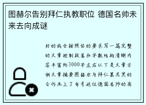 图赫尔告别拜仁执教职位 德国名帅未来去向成谜
