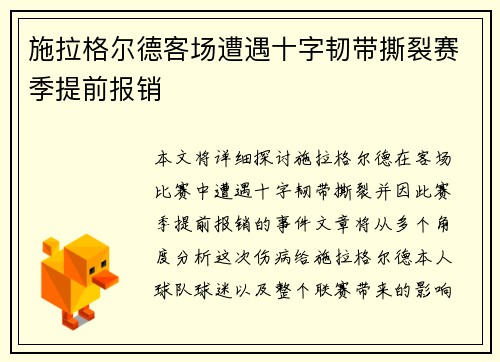 施拉格尔德客场遭遇十字韧带撕裂赛季提前报销 施拉格尔德客场遭遇十字韧带撕裂赛季提前报销